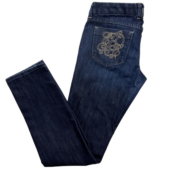 Bebe Premium Denim Skinny Jeans Dark Wash Gold Embroidered Monogram Women Sz 29 - Picture 2 of 12